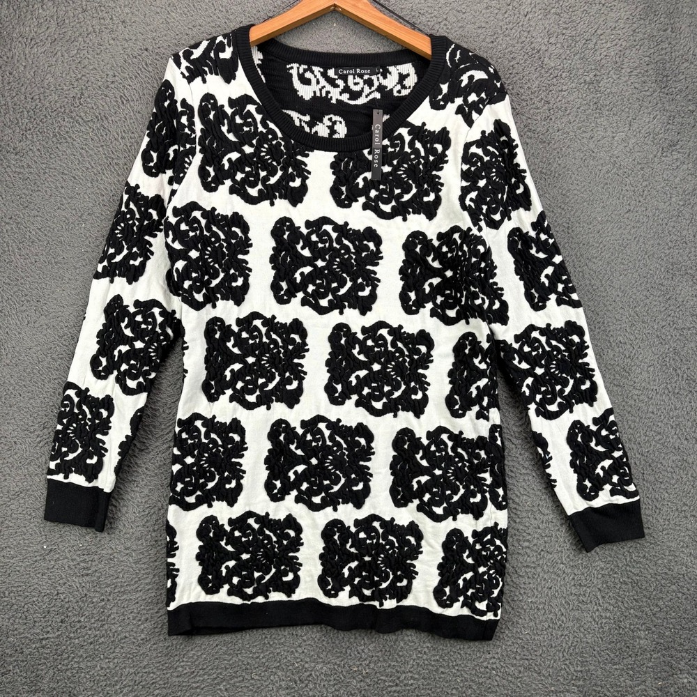 Carol Rose Womens Black White Damask‎ Textured Knit Sweater Tunic L 34301